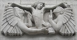 Ariel between Wisdom and Gaiety with the Latin inscription obsculta, a word that doesn't mean just 'listen', but also 'obey' by Eric Gill, Broadcasting House, 1932.