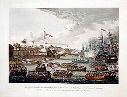 British naval forces entering the harbour of Rangoon in May 1824