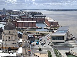 The Liverpool Waterfront with the Port of Liverpool Building, Museum of Liverpool, Royal Albert Dock and Wheel of Liverpool all visible