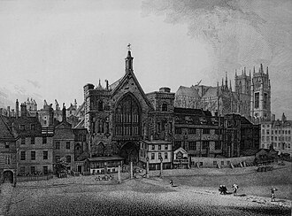 New Palace Yard in 1807. The building to the right (i.e. west) of Westminster Hall housed the Court of Exchequer, the buildings to the left housed the offices of the Exchequer of Receipt (which "stretched across the entrance to the Speaker's House to the east of the Hall towards the river").[113]