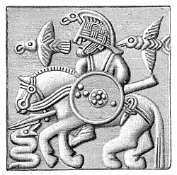 A plate from a Vendel era helmet featuring a figure riding a horse, holding a spear and shield, and confronted by a serpent, accompanied by two birds. The image has been thought to depict Odin with his horse Sleipnir and his spear Gungnir with Huginn and Muninn flying above