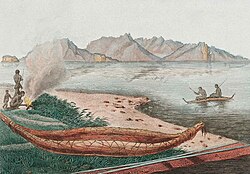 1807 engraving by French explorer Charles Alexandre Lesueur shows seafaring Aboriginal people and a large canoe on the eastern shore of Schouten Island.