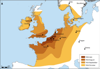 Spread of the potato blight in Europe in 1845