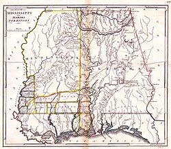 1817 map of Mississippi and Alabama Territory, showing counties at that time; most of the rest of the land was still titled to the Choctaw, Chickasaw, Cherokee, and Creek