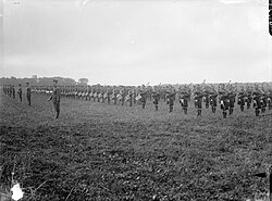 The massed pipes and drums of the Guards Division seen during an inspection of the division by Prince Arthur, the duke of Connaught, at Lumbres, near Wizernesat, 1 November 1916.