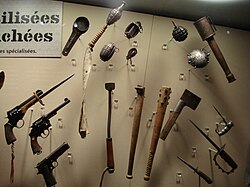 Various trench weapons used by British and Canadian soldiers in WWI on display at the Canadian War Museum