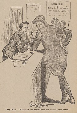 A 1918 cartoon by Cecil Hartt making light of the high incidence of soldiers going absent without leave in the Australian Imperial Force
