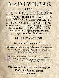 Title page of Radivilias (1592, Vilnius). The poem celebrating commander Mikołaj Radziwiłł the Red (1512–84) and recounts the famous victory of Lithuanian Armed Forces over Moscow troops (1564).[377]