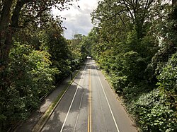 Washington Road, part of CR 571, from Streicker bridge as it passes through the campus of Princeton University