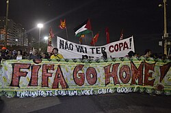 Anti-World Cup demonstration on the opening day; "Não vai ter Copa" ("There will be no [World] Cup") was a common slogan from protesters