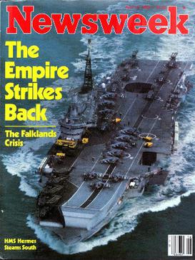 The cover of Newsweek magazine, 19 April 1982, depicting HMS Hermes, flagship of the British Task Force. The headline evokes the 1980 Star Wars sequel.