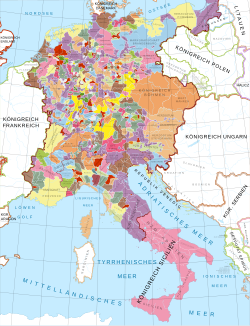 The Holy Roman Empire during the High Middle Ages. Before the rise of nation-states in the 16th century, local and regional identities in Europe were strong, with each region and town having its own dialect, customs, and traditions.