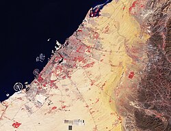 Dubai by Copernicus Sentinel-2 satellite in false-colour in 2024