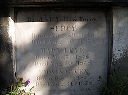 Headstones of people who died in the yellow fever epidemic of 1878 can be found in New Orleans' cemeteries.