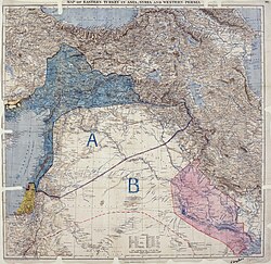 Sykes–Picot Agreement map, signed 8 May 1916, showing the Golan Heights in area "A", an independent Arab state in the French sphere of influence[164]