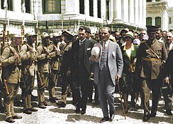 Colorized photograph of Mustafa Kemal with his Panama hat just after the Kastamonu speech in 1925