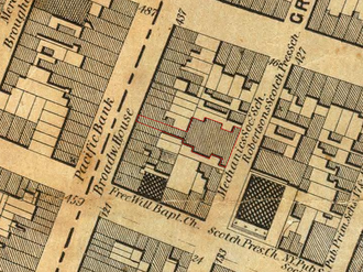 Detail of 1852 New York City map showing the location of Mechanic's Hall. A narrow corridor provided frontage on Broadway to lot formerly occupied by New York High School.