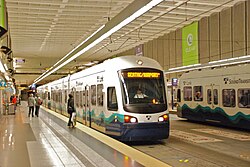 1 Line light rail trains in the Downtown Seattle Transit Tunnel at University Street Station