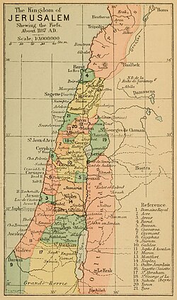 The Lordships of the Kingdom of Jerusalem in 1187, depicted in a map of 1889 by Claude Reignier Conder.