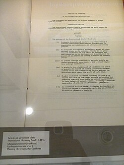 First page of the Articles of Agreement of the International Monetary Fund, 1 March 1946, Finnish Ministry of Foreign Affairs archives