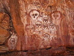 Aboriginal pictographs known as Wandjina in the Wunnumurra Gorge, Barnett River, Kimberley, Western Australia