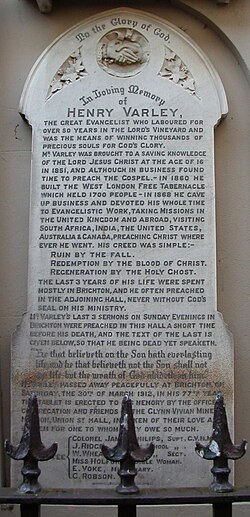 Memorial tablet to Henry Varley, a preacher during the Glynn Vivian Miners' Mission era