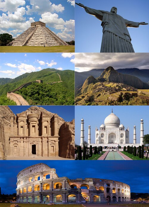 From left to right, top to bottom: Chichén Itzá, Christ the Redeemer, the Great Wall of China, Machu Picchu, Petra, the Taj Mahal, and the Colosseum