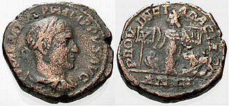 Sestertius minted in 247 by Philip the Arab to celebrate Dacia province and its legions, V Macedonica and XIII Gemina. Note the eagle and the lion, V's and XIII's symbols, in the reverse.