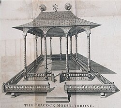 The throne, as seen by Baron Tavernier, at the end of the 16th century, according to Thomas Maurice, published in 1794. Tavernier speaks of one peacock only, but two appear in this print. which was drawn at Delhi, by a European artist in the train of Nadir Shah who plundered it in 1739.