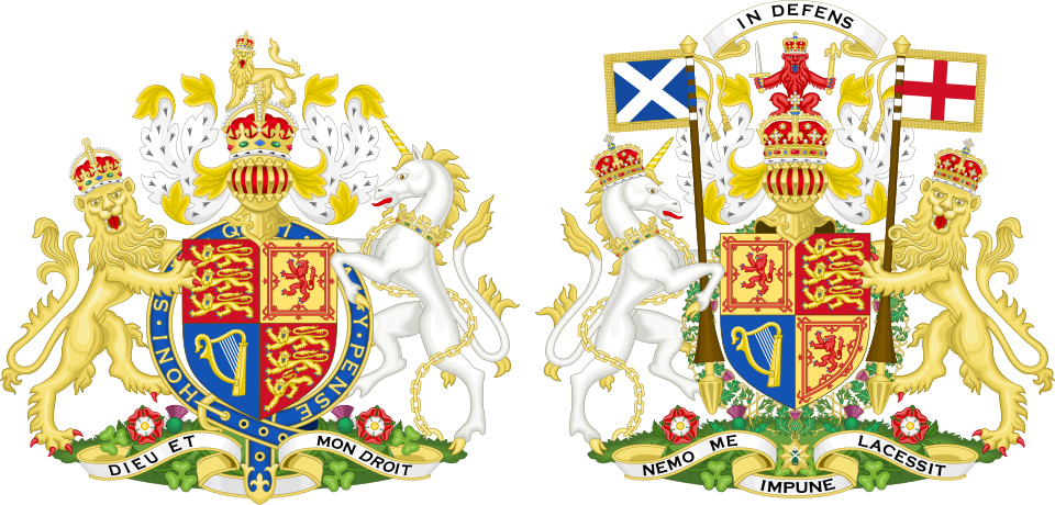 The coat of arms of Charles III in the United Kingdom. The design (left) features the arms of England in the first and fourth quarters, Scotland in the second, and Ireland in the third. In Scotland, a separate version is used (right), in which the Arms of Scotland take precedence.