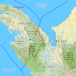 Map of the Darién Gap and the break in the Pan-American Highway between Yaviza, Panama, and Turbo, Colombia