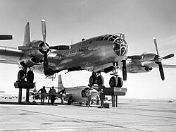 Bell X-1-3, aircraft #46-064, being mated to the B-50 mothership for a captive flight test on 9 November 1951. While being de-fueled after this flight it exploded, destroying itself and the B-50, and seriously burning Joe Cannon. X-1-3 had completed only a single glide-flight on 20 July.[33]