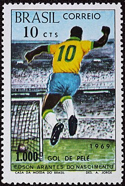 A 1969 Brazil postage stamp commemorating Pelé's 1,000th goal