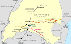 All the east–west railways were constructed by the Netherlands-South African Railway Company, while lines were built from the Cape and Natal, and one to Pietersburg was built by a private British company