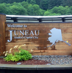 The "Welcome to Juneau" sign at the cruise port