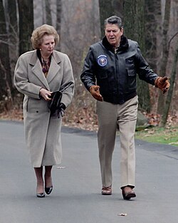 British prime minister Margaret Thatcher (here walking with President Reagan at Camp David in 1986) granted the U.S. use of British airbases to launch the Libya attack