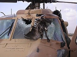 A Sikorsky UH-60 Black Hawk after a collision with a common crane (bird), and resulting failure of the windshield