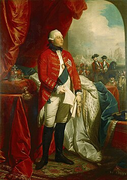 George III in 1779, with symbols of rule, scenes of the Royal Navy and British Army at war, by Benjamin West