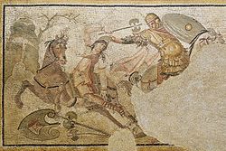 A Greek rider seizes a mounted Amazonian warrior (armed with a double-headed axe) by her Phrygian cap; Roman mosaic emblema (marble and limestone), 2nd half of the 4th century AD; from Daphne, a suburb of Antioch-on-the-Orontes (now Antakya in Turkey.)