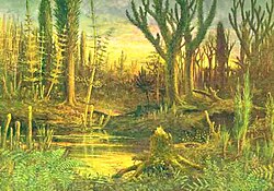 The Devonian Period marks the beginning of extensive land colonization by plants. With large land-dwelling herbivores not yet present, large forests grew and shaped the landscape.