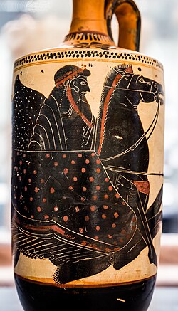 Poseidon with trident on hippocamp (sea-horse). Athenian black-figure white-ground pottery lekythos ca. 500-480 BC, by Athena Painter. Ashmolean Museum, Oxford