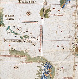 Detail from the 1502 Cantino planisphere, showing the island of "Quaresma" off the Brazilian coast.