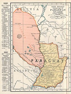 1935 Rand McNally map of Paraguay, showing disputed area and Puerto Pacheco