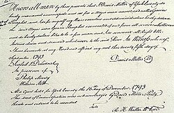 Original manumission for Gowan Pamphlet of the Colony of Virginia, which freed him from slavery. Signed by his owner, David Miller. c. 1793