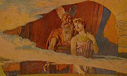 Odin and Frea look down from their window in the heavens to the Winnili women in an illustration by Emil Doepler, 1905.