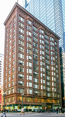 The Chicago Building (1904–05) is a prime example of the Chicago School, displaying both variations of the Chicago window.