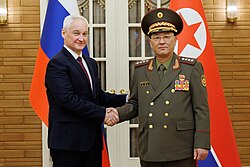 Russian Defence Minister Andrey Belousov with North Korean Defence Minister No Kwang-chol on 29 November 2024