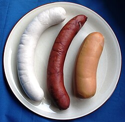 Cooked St. Galler bratwurst (left), schüblig (center), cervelas (right)