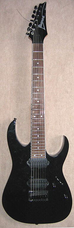 A seven-string electric guitar, the Ibanez RG7321BK