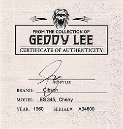 Geddy Lee certificate of authenticity for a guitar